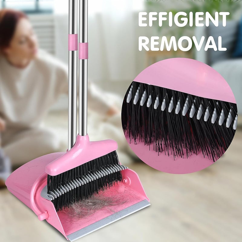 Eleckey Broom and Dustpan Set, Broom with Dustpan Combo Set for Home Office Kitchen(Pink) - Image 2
